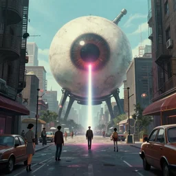 A 1950s city scene with a GIANT LASER EYEBALL looming in the distance, rendered by simon stålenhag, rendered by Beeple, Makoto Shinkai, syd meade, environment concept, digital art, unreal engine, 3 point perspective, WLOP, trending on artstation, low level, 4K UHD image, octane render,