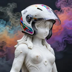 extremely beautiful photo of a white marble statue of an anime girl with colorful motocross logos and motorcycle helmet with closed visor, colorful smoke in the background, carved marble statue, fine art, neon genesis evangelion, virgil abloh, offwhite, denoise, highly detailed, 8 k, hyperreal
