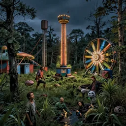 abandoned amusement park attractions overgrown in the swamp at night, photorealistic movie still by michael komarck, greg rutkowski, victo ngai, artgerm, willem claesz heda and j. dickenson