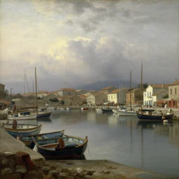 scenic view of a Mediterranean small harbor, overcast dawn, painting by albert bierstadt thomas cole craig mullins