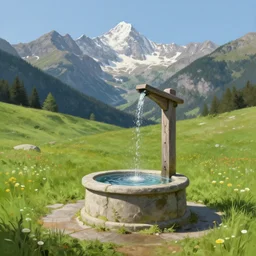 mountain spring, well, fountain, high mountains, green meadow, alps, digital painting, classical painting, hudson river school, realistic lighting, idyll