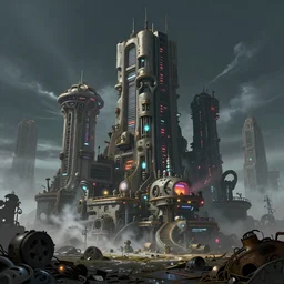 beautiful low angle painting of an alien world with beautiful buildings and technology, steampunk, isometric aspect, junk on the ground, mist, smoke, neon lights,, moody atmosphere, epic composition, dramatic lighting, trending on artstation, octane render, by robert zemeckis