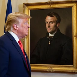 Donald Trump looking at a renaissance portrait of Emmanuel Macron, photography with high quality