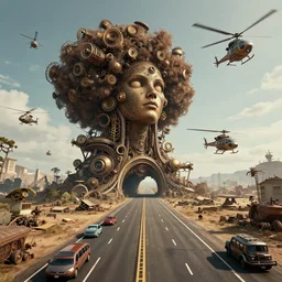 cinematic still of hyper detailed highway realistic afro steampunk designed by frank lloyd wright architect, helicopters, deep perspective, wide angle, insanely detailed and intricate,