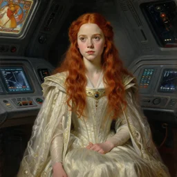 a realistic portrait painting of a thoughtful girl resembling a young, shy, redheaded alicia vikander or karen gillan as a space princess wearing an incredible gown in a spaceship cockpit, from the latest star wars movie, highly detailed, intricate, by bouguereau, alphonse mucha, and donato giancola