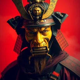 photograph old samurai, cyberpunk, vibrant yellow colors, surreal, french baroque style by alexander mcqueen, hyper detailed, realistic cinematic, voigtlander photography portrait, painting, fog, red background, hero,