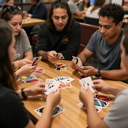 photograph of people playing uno, realistic, award winning photo, 8k, hd