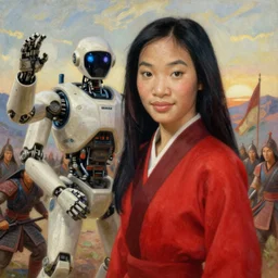 landscape, realistic portrait beautiful painting from scene in star wars robot merged in mulan war scene, hyperdetailed retrofuturism created by thomas kinkade and gustave courbet, fine draw, high detailed, fine lighting, smooth draw, no anomaly.