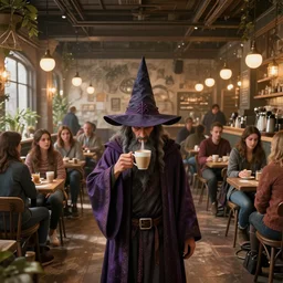 in the center foreground a wizard with a pointy hat sips his coffee, and people stare in the busy coffee shop, wide angle, digital art by beeple and RHADS, ultra realistic, award winning, artstation, unreal render,