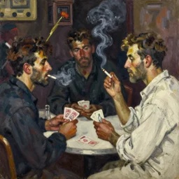 oil painting in the style of john craxton. sailors talking in the shadows of jazz club. cretan. cheekbones. looking. strong expressions on faces. smoke. holding cigarettes. playing cards. scratch. strong lighting. brush. single flower. in the style of ivon hitchins. seated figure hands on table. line drawing. high detail.