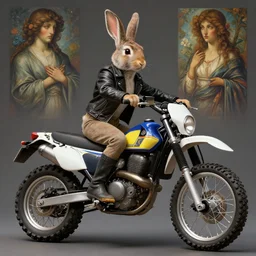 a bunny wearing a leather jacket, riding a 9 8 suzuki dr 6 0 0 scrambler, highly detailed, digital painting, artstation, concept art, matte, sharp focus, highly detailed, 4 k, hdr, smooth, sharp focus, high resolution, award - winning photo, photorealistic, art by artgerm and greg rutkowski and alphonse mucha, large shot