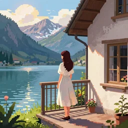 a girl on the terrace of a house by a mountain lake during the day, pixel art