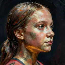 closeup face profile portrait of a tin toy greta thunberg as a bikini girl, hyper realistic, artstation, illustration, nicoletta ceccoli, mark ryden, lostfish, max fleischer, digital paint, matte paint, vivid colors, dark, sinister, detailed and intricate environment