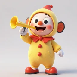 a clownfish clown mech suit wearing oversize clown hoodie pajamas and squeaking a little clown horn all happily like
