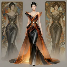 a digital concept art by artgerm, greg rutkowski and alphonse mucha. full body!! a high set geometric tailoring clothes.. clear portrait of an attractive japanese wedding dress designed by balenciaga - black and orange laser straps. metal belt. light effect. hyper detailed, intricate, elegant, smooth, sharp edges