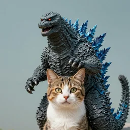 godzilla with the head of a cat, hybrid of Godzilla and cat,