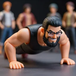 plastic action figure of a buff smiling man doing push ups, long stubble beard, muscular neck, rectangular shaped glasses and a black bowl cut, wearing a black tshirt, dramatic light, blur, out - of - focus background, by kim jung gi, ric estrada, ron english and eiichiro oda