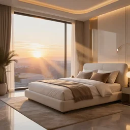 a futuristic furnished bedroom with a large window at sunset, godrays, luxury furnish, white bed, complementary colors, warm lighting, path traced, highly detailed, high quality, concept art, 8k, calm, trending on Artstation