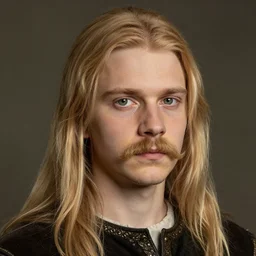 half - length portrait of a 3 5 - year - old human male noble with long blonde hair and green eyes, mustache, no beard, medieval setting, detailed face, highly detailed, artstation, concept art, sharp focus, by greg rutkowski, craig mullins, artgerm
