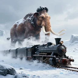 a futuristic black steam train and a giant mammoth, post - apocalyptic ice landscape with heavy snow, concept art, artstation, highly detailed, digital art