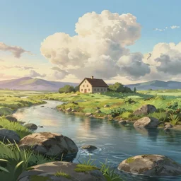 a serene landscape with a singular building near a river with rocks at sunrise, ghibli studio, anime style, pixar style, concept art, octane render, unreal engine 5, trending on deviantart, highly detailed, high quality, 8 k, soft lighting, path traced, realistic, cartoon, high coherence, cloud in the sky, digital painting, digital art, breathtaking landscape, soft colors