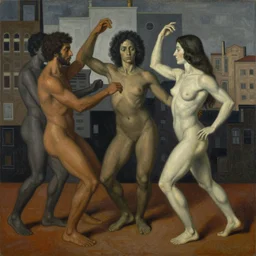 a painting of multiracial gods dancing against an city background in contrasting colors, by francis bacon, george luks and victor brauner, muted color scheme, extreme detail
