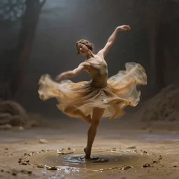 a dancer made of wet clay, motion blur, cinematic light, thomas kinkade style painting, beautiful dreamy lighting,