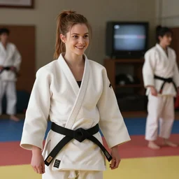 Alyson Hannigan/Willow Rosenberg as a judo black belt teacher, wearing white clothes, in a gym, smiling, tv still from Buffy the Vampire Slayer (1997), detailed high quality photo by Annie Leibovitz