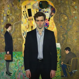 portrait of man outside office building, cynical realism, painterly, yoshitaka amano, miles johnston, moebius, beautiful lighting, miles johnston, klimt, tendrils, in the style of, louise zhang, victor charreton, james jean, two figures