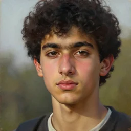 oil painting by ilya kuvshinov, baugh casey, rhads, coby whitmore, of a youthful persian - indian college student, fair olive skin, refined features, high cheekbones, handsome, curly black hair, outdoors, highly detailed, breathtaking face, studio photography, dawn, intense subsurface scattering, blush, supple look, innocence, intense sunlight