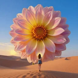 closeup giant dahlia flower face, girl walking between dunes, surreal photography, sunrise, blue sky, dramatic light, impressionist painting, digital painting, artstation, simon stalenhag