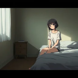 a film still of lone anime girl in white tshirt is sitting on poor bed in pale colors room in dark russian flat, perfect faces, details, anime, cinestill