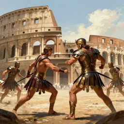 gladiator fights, colosseum, wonderful masterpiece by greg rutkowski, beautiful cinematic light, by greg manchess, jessica rossier