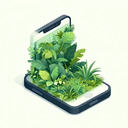 ( ( karolis strautniekas ) ), editorial illustration of an isometric iphone with lush foliage overgrowth, modern art deco, ( ( giuseppe riccobaldi ) ), mads berg, detailed, perspective composition, halftone shaded, matte print, rich grainy texture, gradients, high contrast, dynamic pose