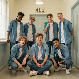 six lads having a great time in an asylum