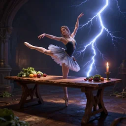 a ballerina a wooden table, medieval concept art, cinematic lightning and colors, featured on cg society, photorealism, vray tracing, rendered in unreal engine, photorealistic, vegetables on table and candle, dark lightning, contrast shadows