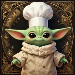 portrait of cute grogu yoda as a chef cook, intricate, elegant, highly detailed, digital painting, artstation, concept art, smooth, sharp focus, illustration, art by artgerm and greg rutkowski and alphonse mucha, 8 k