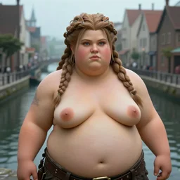 a chubby dwarven woman by a canal the middle of the city, by johan grenier, fantasy artwork, final fantasy 6, intricate braided hair, short plump figure, smooth, highy detailed face, centered, ultra detailed, 8 k, hd