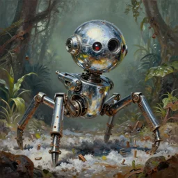 a tarnished chrome drilling robot with six legs that has a semisphere for a head, caves of qud, matte oil painting, conical drills, retrofuturistic, concept art, science fantasy, post - apocalyptic, mutant, rpg, epic, rust, sentient plants, salt, jungle, sharp focus, dungeons & dragons, rebirth, award - winning, extremely detailed, 4 k, 8 k