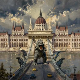 kaiju in budapest, chain bridge painting, greg rutkowski, craig mullins, detailed, cinematic