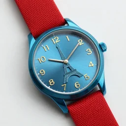 a crystal blue watch with a red fabric band with a watch face with the Eiffel Tower and gold numbers