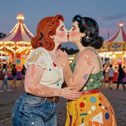 two curvy women kissing at a carnival at dusk, mixed media collage, retro, paper collage, magazine collage, acrylic paint splatters, bauhaus, abstract claymation, layered paper art, sapphic visual poetry expressing the utmost of desires by jackson pollock