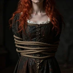 dark portrait, death ultra red head woman in medieval dress, strangled with rope, not face, victorian style, high detail