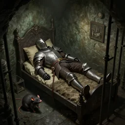 a concept art of jail in a catacomb. a paladin knight lies dead in a wall bed with a surprised shapeshifter half man half rat. dungeon. volumetric lighting. rutowsky, craig mullins, d & d.