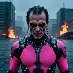cinestill 5 0 d candid photographic portrait by vito acconci of a evil looking and sneering cyborg wearing rugged neon pink mesh techwear in treacherous waters, extreme closeup, modern cyberpunk moody depressing cinematic, pouring rain, the buildings are on fire, 8 k, hd, high resolution, 3 5 mm, f / 3 2, ultra realistic faces, ex machina