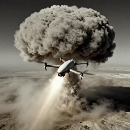 combat drone strike war footage, ir, infrared camera, very high contrast, nuclear cloud, high angle vertical, dirty, grainy, noisy, bad drone camera, airwaves, static,