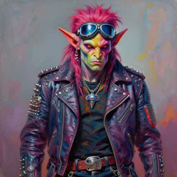 a portrait of a scifi apocalyptic demonic orc goblin biker character, psychedelic vibrant colors, futuristic punk rock fashion, oil painting by michael whelan art, cool pose, cool biker goggles, sharp focus, realistic, 8 0 s hair, studded leather jacket