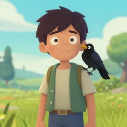 a small boy with dark hair, wearing farm clothes, he has a small crow on his shoulder, artstation, inspired by adventure time,