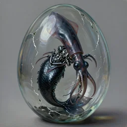 a perfect hyperrealist portrait painting of a mechanical squid wrapped around a mermaid. the mermaid is coated in a glossy black latex shell, and is set within a glass ellipsoid egg, which has cracked.