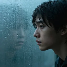 young person looking through water wall, with clear glass, melancholic, sad, lots of raindrops, detailed, cinematic, dramatic lighting, by george tooker